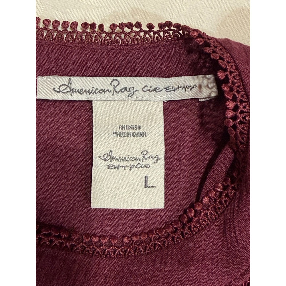 American Rag Lace Yoke Blouse Womens Large Burgundy Boho Smocked Victorian - Picture 3 of 8